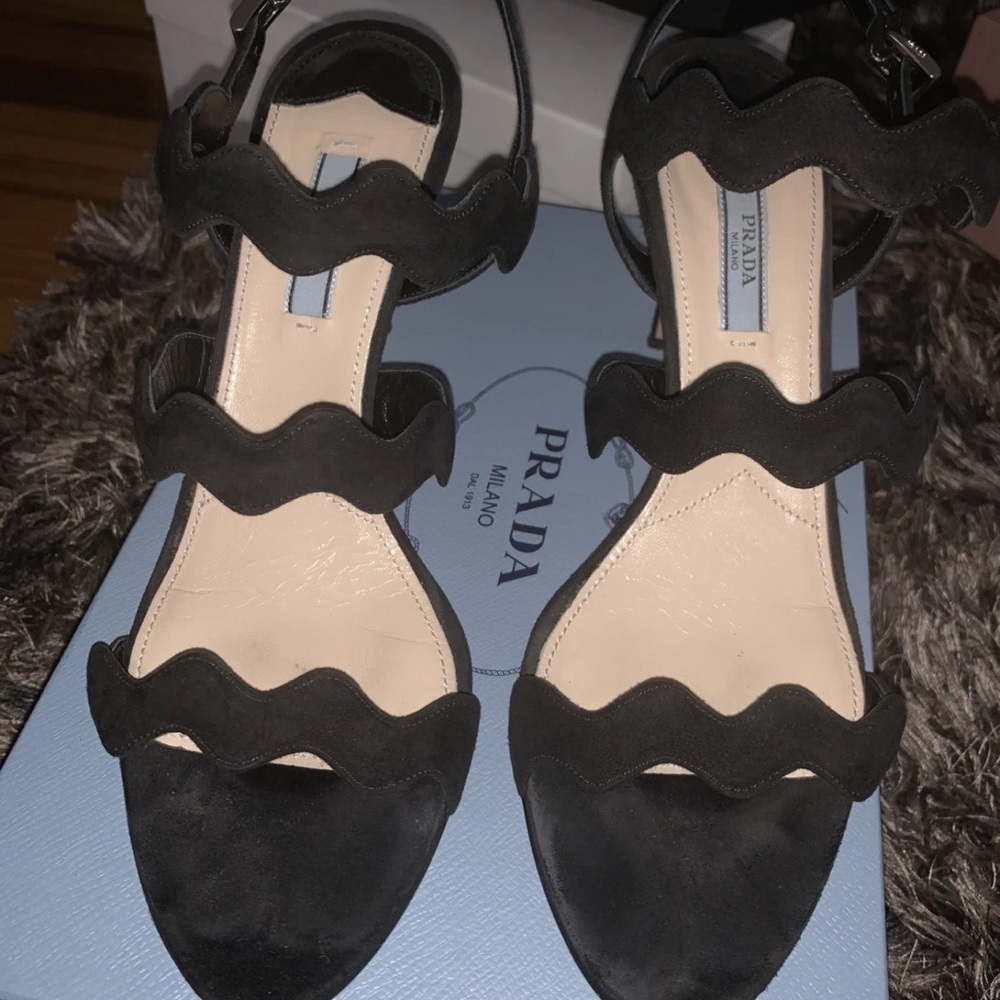 Prada Black Suede Wavy-Strap Heeled Sandals